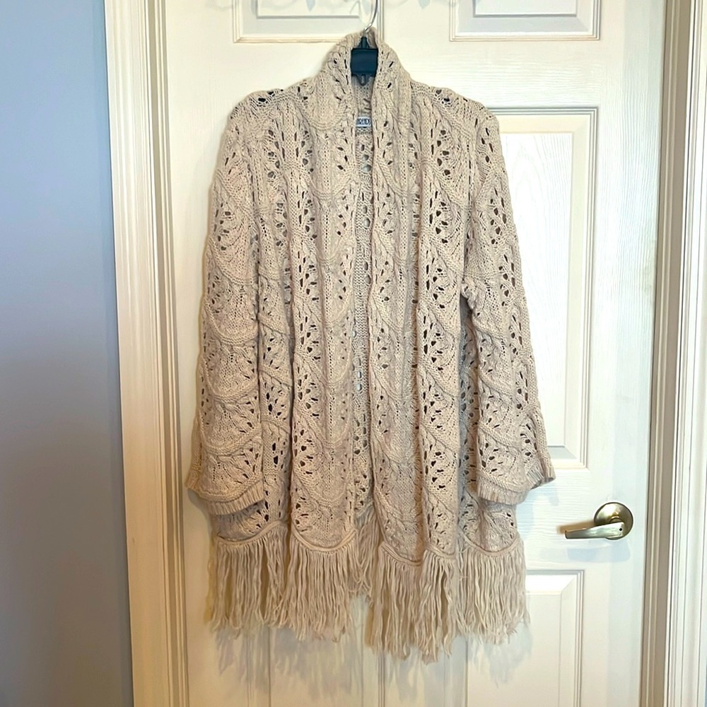 # Beautiful open weave long cardigan with fringe bottom (large)